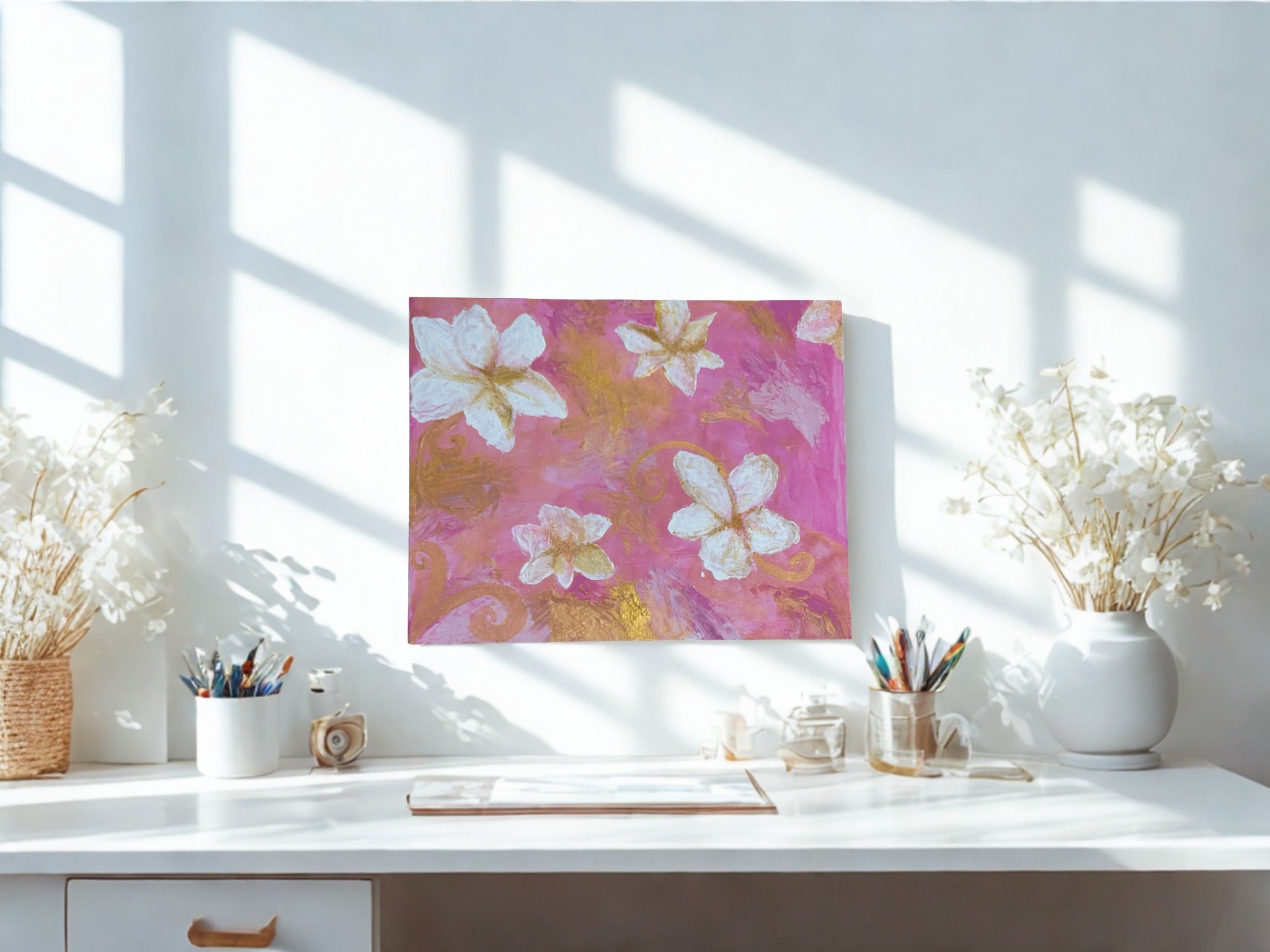 Pink Flowers by Kalli displayed in a styled room